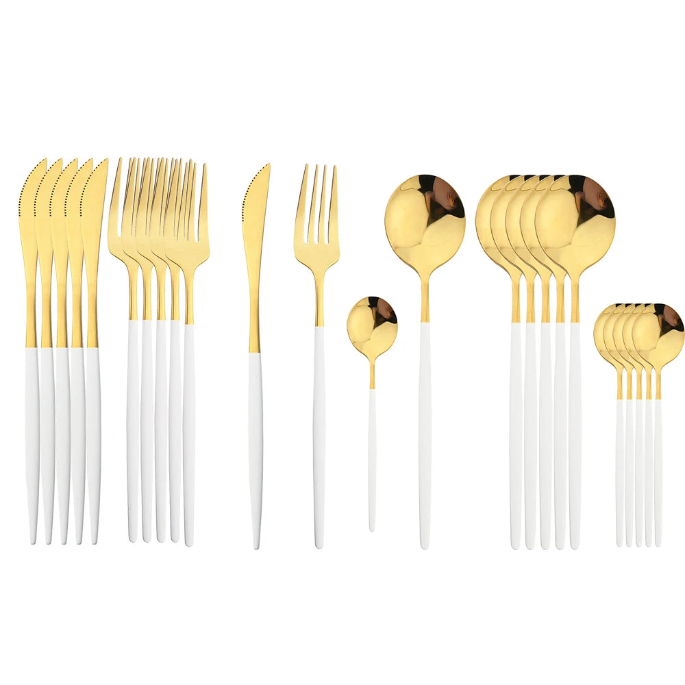Juego de cubiertos dorados con mango negro, 24 Uds., cuchillo de acero inoxidable, tenedor, cuchara, vajilla, juego de cubiertos, vajilla de cocina para Festival, regalo