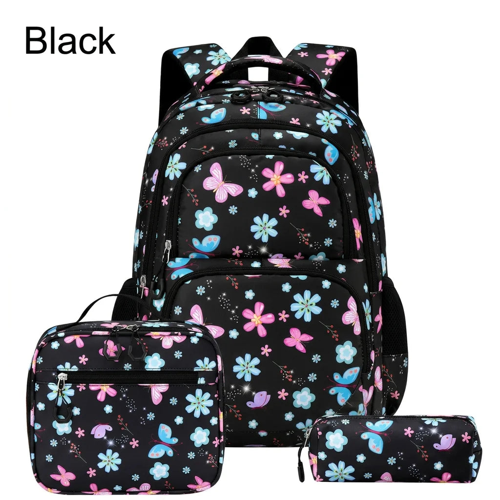 Juego de 3 Piezas de Mochila Escolar para Niños con Estampado de Mariposas y Flores, Resistente al Agua, Ligera, con Lonchera Aislada y Estuche para Lápices