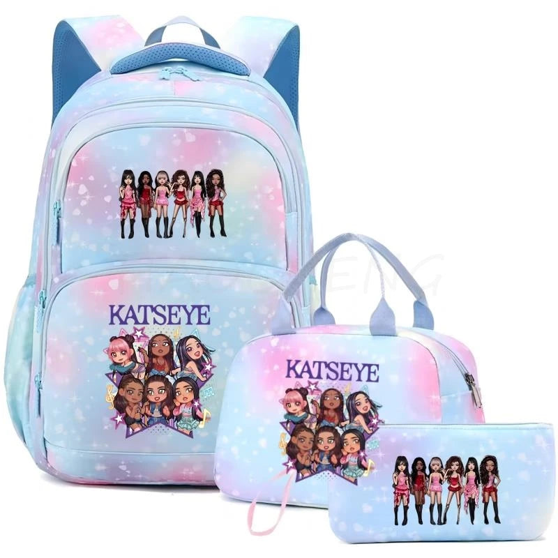Mochila Katseye para mujer, 3 unidades/juego, mochila escolar para estudiantes, mochila de viaje al aire libre de gran capacidad, mochila escolar para estudiantes con dibujos animados