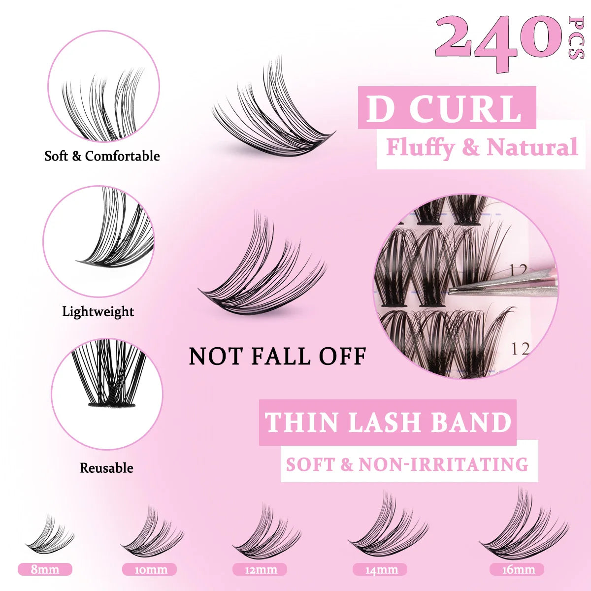 Kit de extensión de pestañas DIY, mezcla de 8-16mm de visón, pestañas individuales suaves, extensiones de pestañas naturales con maquillaje de unión y sellado