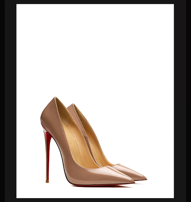 Zapatos de mujer 2025, marca de lujo, zapatos de tacón con suela roja, fondo rojo, puntiagudos, tacones altos de diseñador, zapatos elegantes de fiesta a la moda para mujer, 12cm