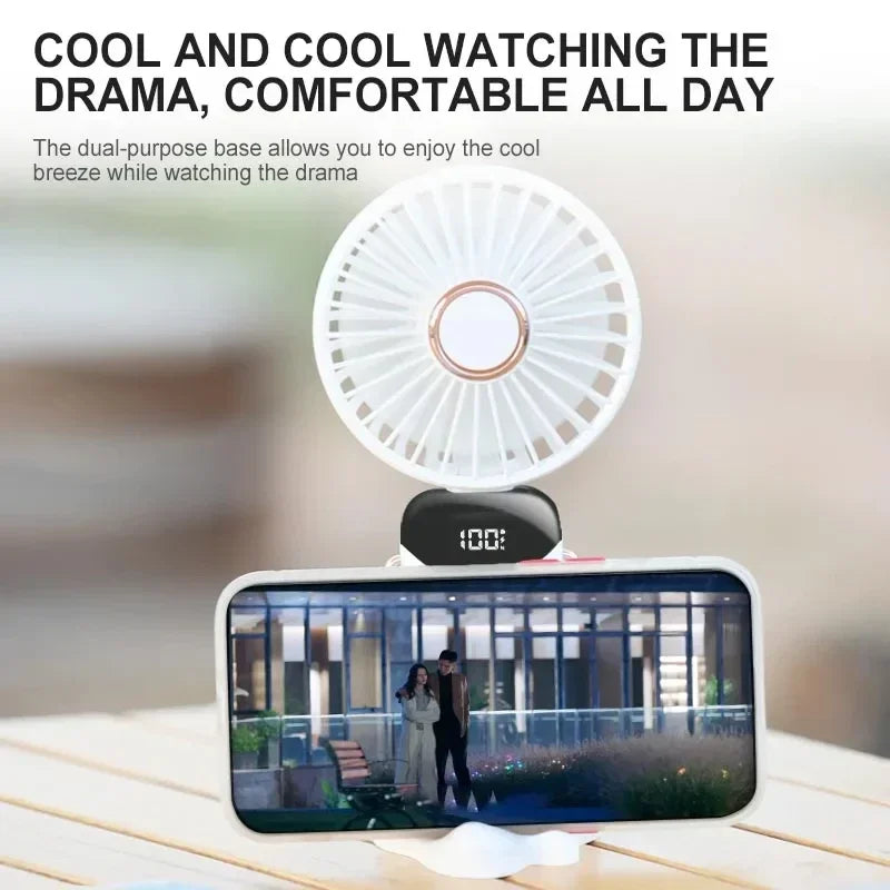 Mini ventilador portátil de mano, ventiladores plegables para colgar en el cuello, ventilador recargable por USB de 5 velocidades con soporte para teléfono y pantalla de visualización de 1800mAh