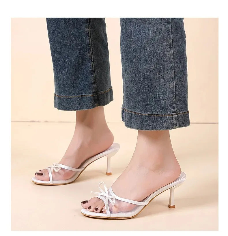 Sandalias de verano para mujer, tacones altos elegantes a la moda, zapatillas con punta abierta y nudo de mariposa de alta calidad, zapatos de tacón de diseñador de marca para mujer