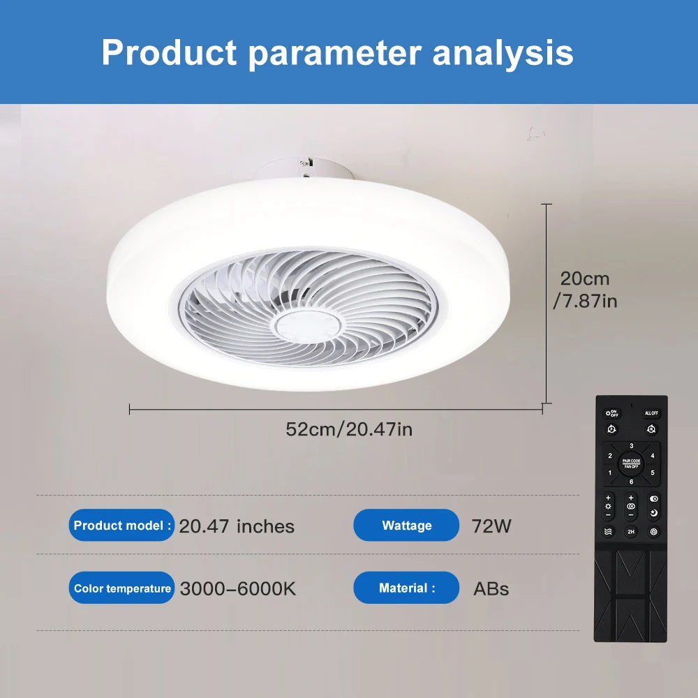 Ventilador de techo inteligente con luces, Control remoto, decoración de dormitorio, lámpara de ventilador, aspas invisibles de aire silenciosas de 52cm