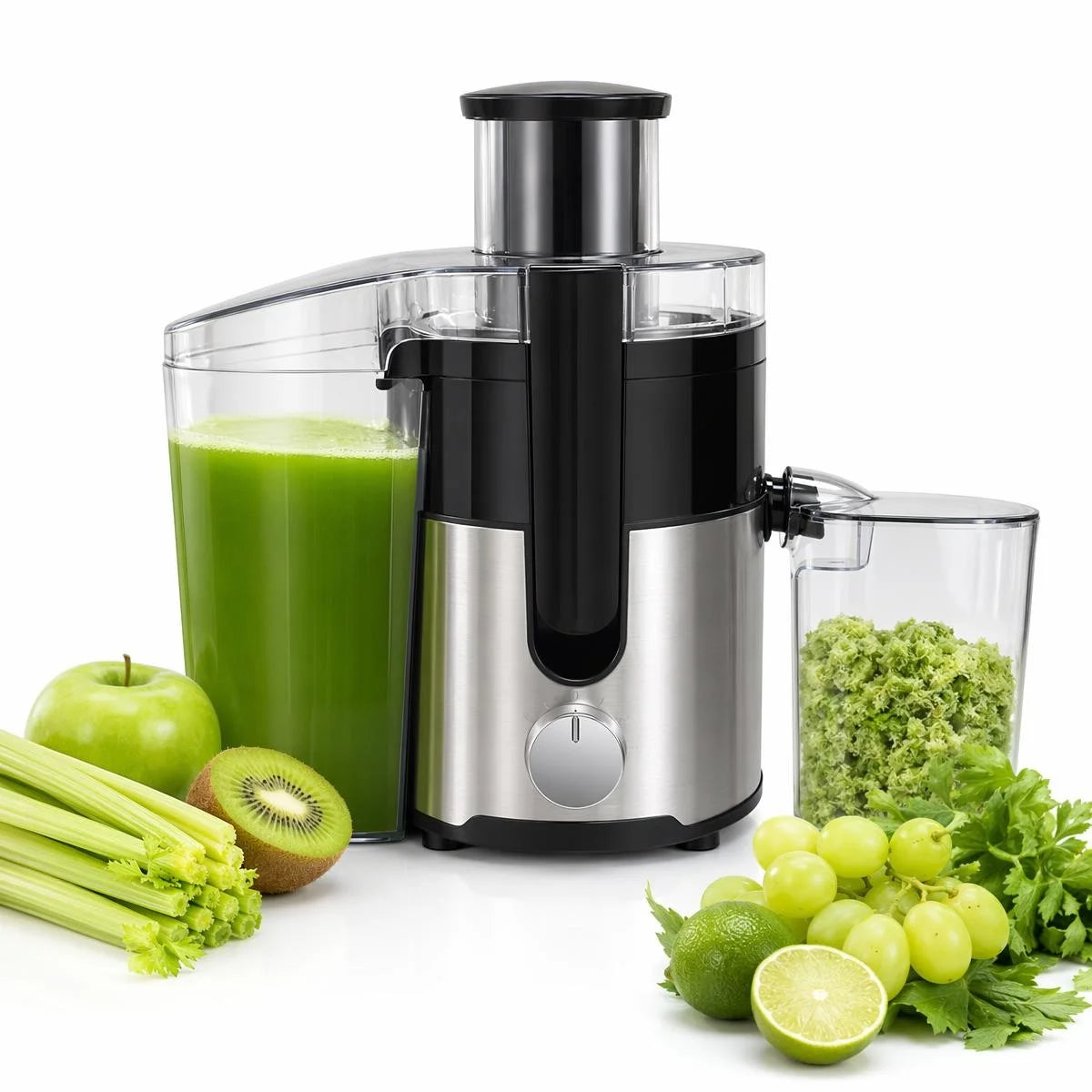 Exprimidor centrífugo, con conducto de alimentación de 3 pulgadas de ancho y 97% de alto rendimiento. CONDUCTO DE ALIMENTACIÓN GRANDE DE 3 PULGADAS: Admite alimentación directa de frutas y verduras enteras sin cortar