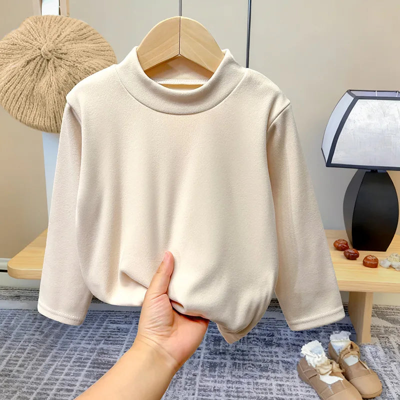 Top cálido de invierno para bebés, camiseta de manga larga con cuello medio alto y parte inferior de Color sólido interior de terciopelo para niños y niñas, ropa para niños