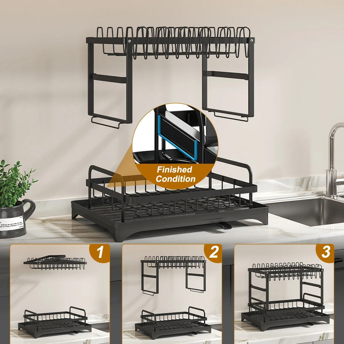 Rejilla para secar platos de 2 niveles con soporte para utensilios, metal, gran capacidad, 360 °   Tubo de drenaje giratorio, organizador de estante para platos de cocina