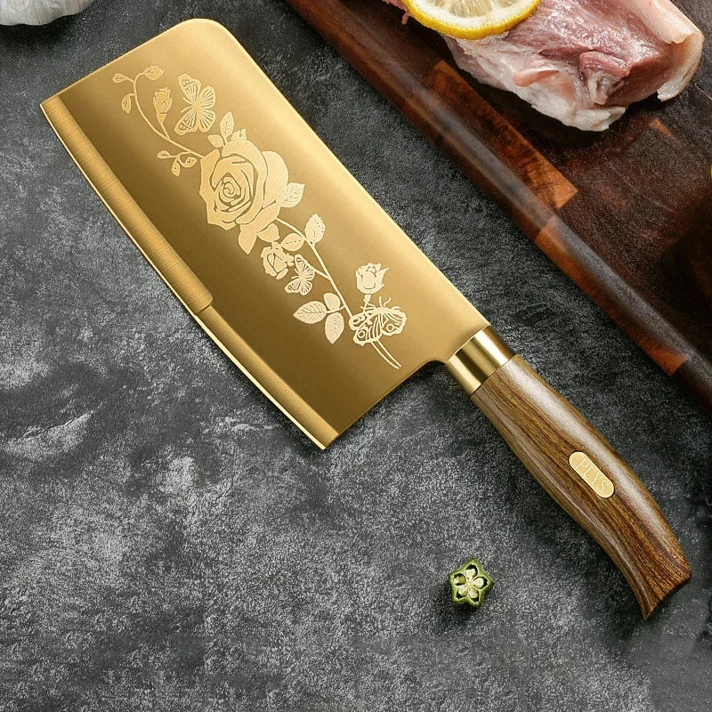 Juego de cuchillos de cocina de lujo dorados, ultra afilados, con hoja de acero inoxidable de primera calidad con revestimiento de titanio y mango de madera para cocinar, 4 piezas