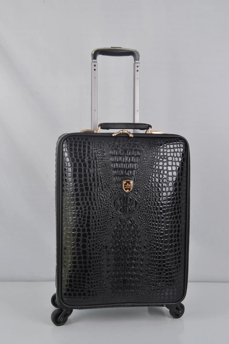 Equipaje rodante de cuero con patrón de cocodrilo, maleta con ruedas de embarque de 16/20/24 pulgadas, equipaje de viaje de cuero real para hombres y mujeres