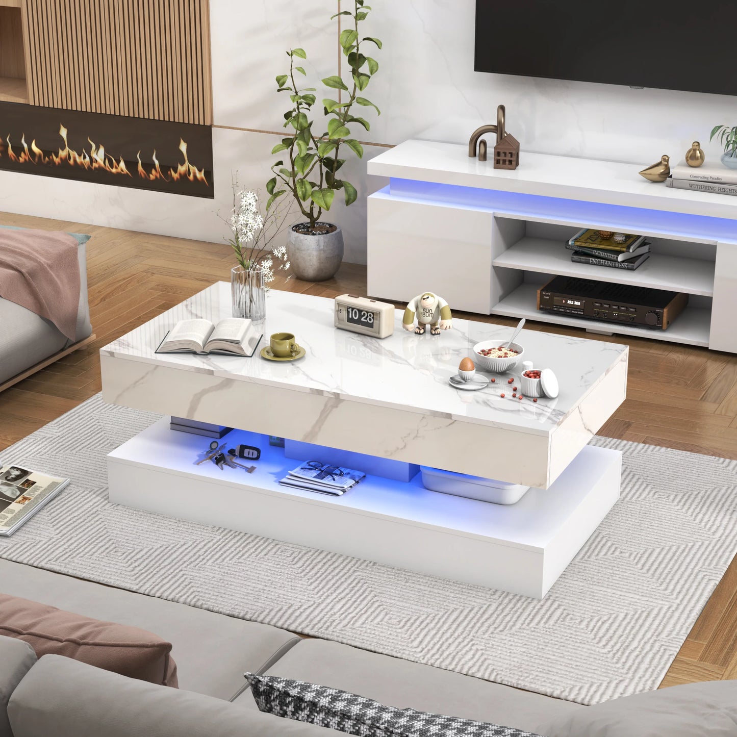 Mesa de Centro Moderna y Elegante con Luces LED, Diseño de Doble Capa para Sala de Estar con 2 Cajones de Almacenamiento