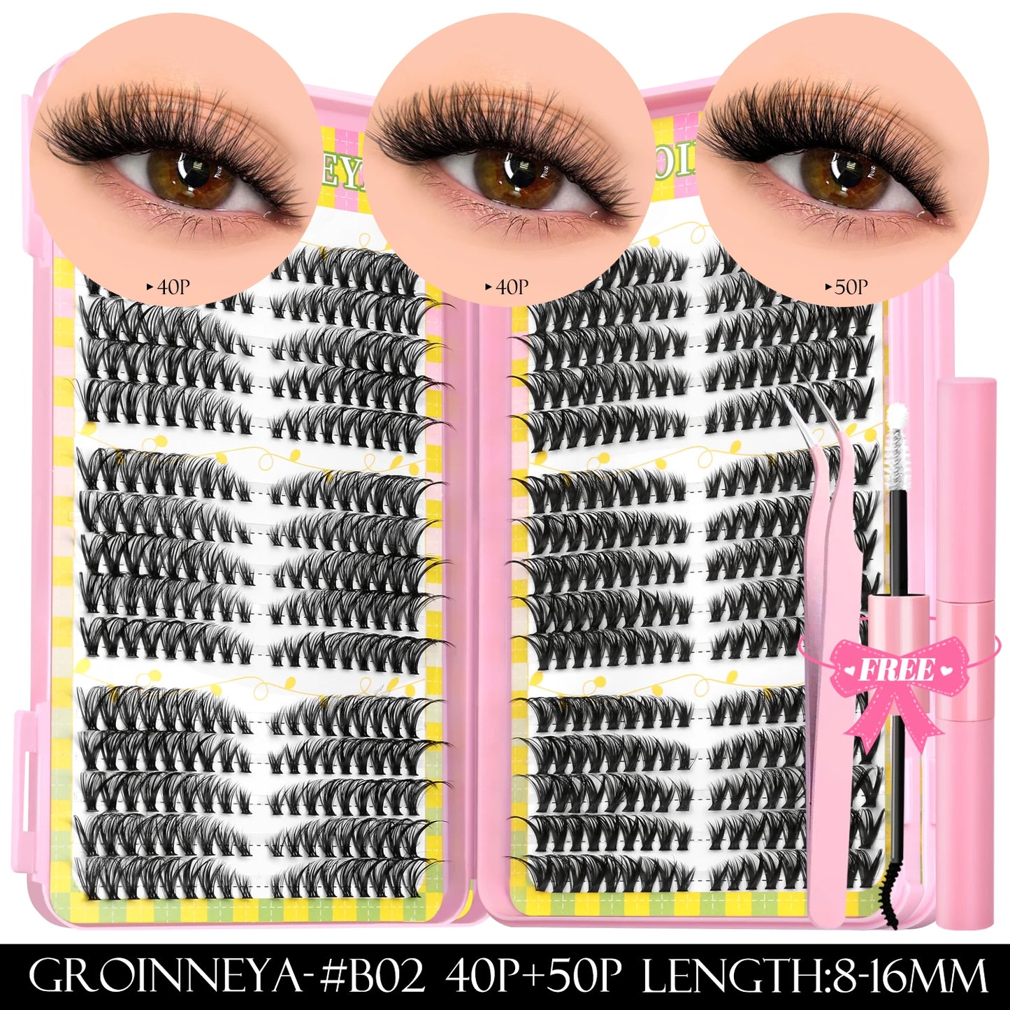 GROINNEYA Clusters de pestañas 540 Uds Kit de extensiones de pestañas de gato Kit de pestañas en racimo con Kit de maquillaje de pestañas Bond & Seal