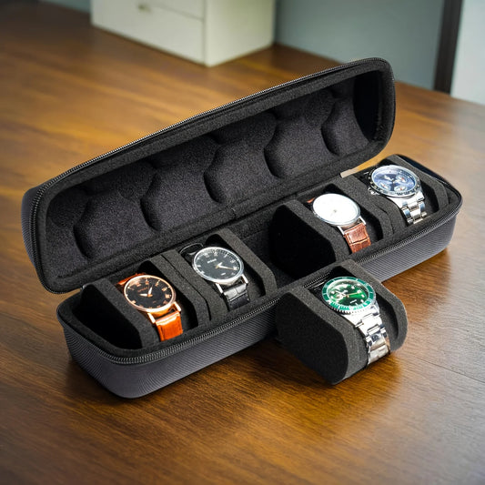 Organizador de relojes resistente con tapa abatible, caja de almacenamiento de relojes con 5 ranuras, Interior resistente a los arañazos, caja de reloj portátil, 1 ud.
