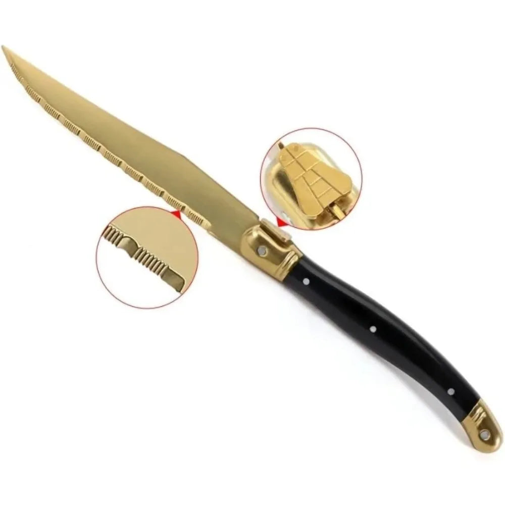 Cuchillos para Carne, Recubiertos de Titanio Dorado, Acero Inoxidable Serrado, Mango Negro, Cuchillo de Cena Estilo Occidental para Cocina, Restaurante y Vajilla