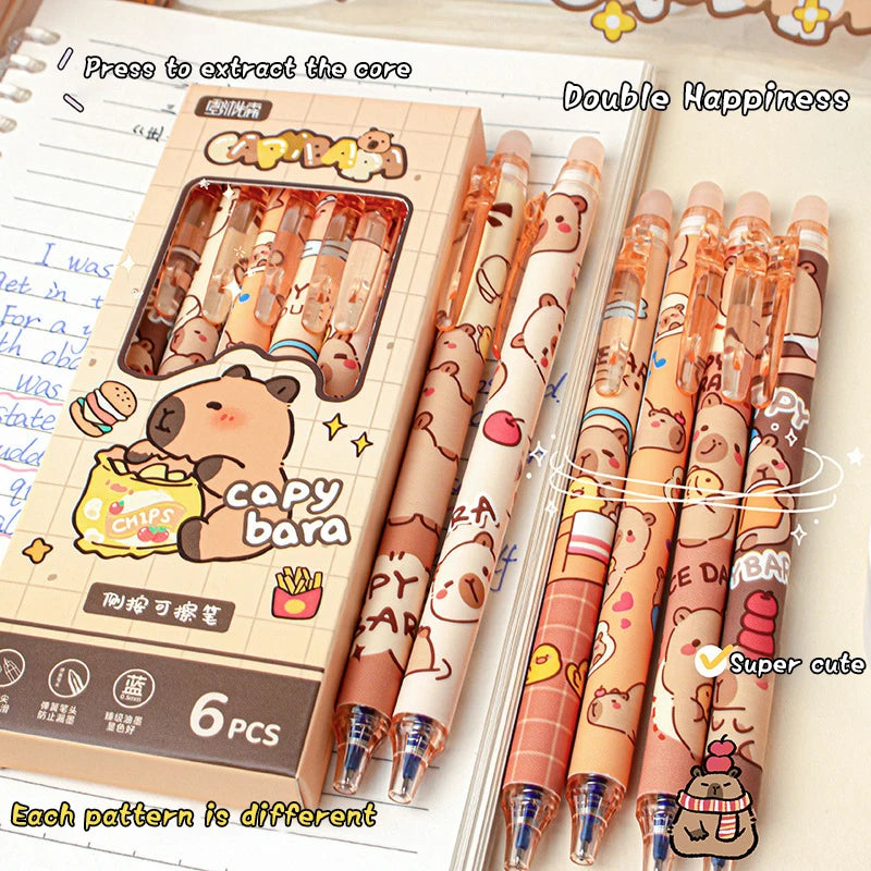 Lindos bolígrafos de gel Capybara: juego de bolígrafos borrables azules de secado rápido Kawaii de 6 piezas para oficina, escuela y papelería estética