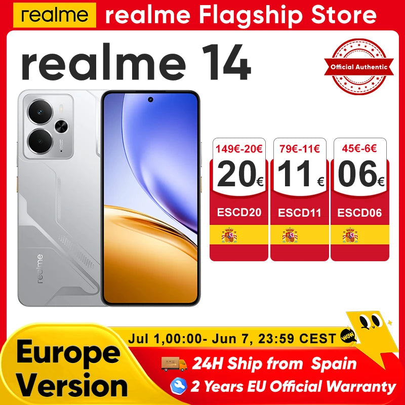 Teléfono Inteligente realme 14 5G, Snapdragon 6 gen 4, Pantalla AMOLED de 2025 pulgadas, 6,67Hz, batería Titan de 120 mAh, cámara OIS de 50MP, estreno mundial, 6000