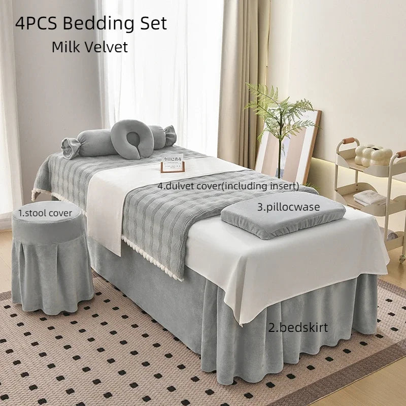 Juego de cama gruesa de terciopelo de leche para salón de belleza, falda de cama de Spa para masaje, funda de almohada, funda de taburete y funda nórdica, Sábana de salón para Club, 4 Uds.