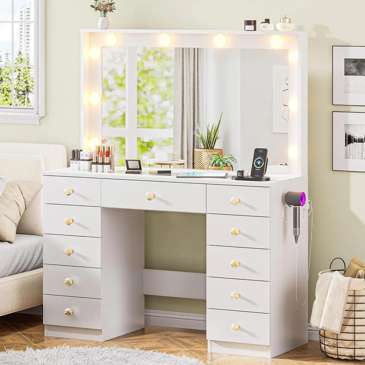 Tocador con Espejo Grande y 10 Luces LED, Escritorio de Tocador con Cubierta de Cristal, 11 Cajones con Tiradores de Cristal, Mesa de Maquillaje, Personalizable