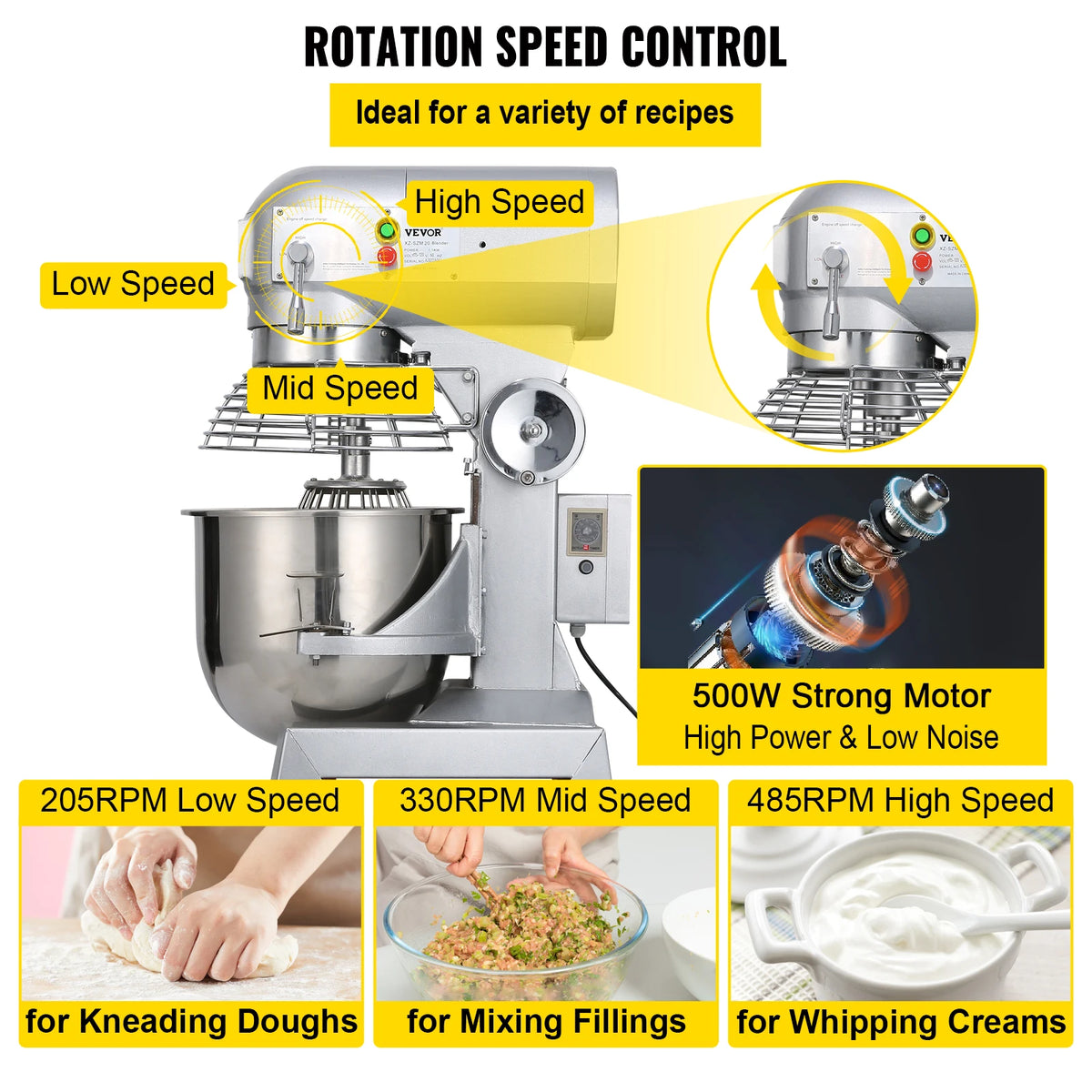SucceBuy Mezclador de alimentos comercial 10Qt 450W 3 velocidades ajustables 110/178/390 RPM batidor batidor de acero inoxidable resistente Premium