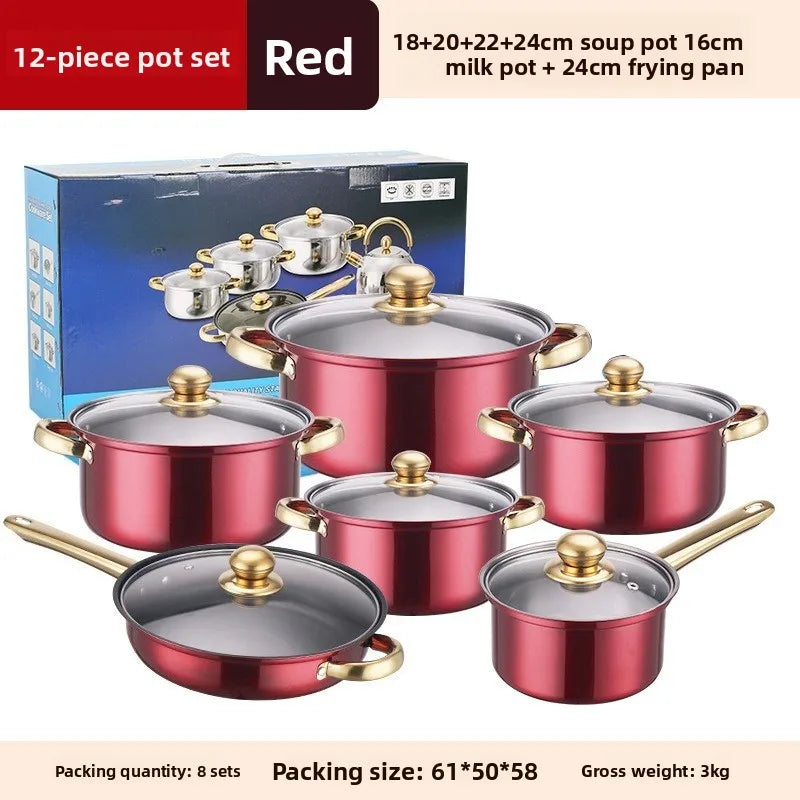 Juego de Ollas de Acero Inoxidable de 12 Piezas, Olla para Sopa, Sartén Antiadherente, Olla para Leche con Asa Dorada