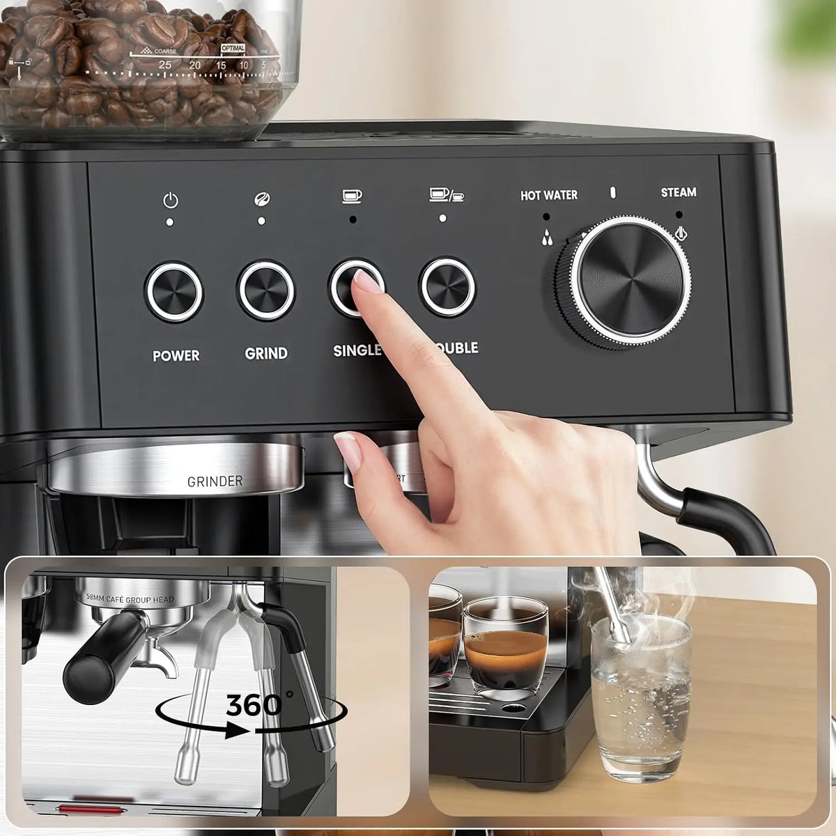 Máquina de Espresso de 20 Bares con Molinillo, Cafetera, Espumador de Leche, Varilla de Vapor, Herramientas de Apisonado, Cappuccino, Latte