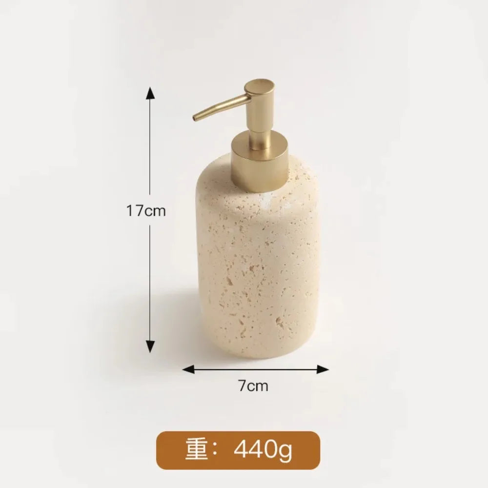 Juego de baño de travertino: jabonera con drenaje, dispensador de jabón líquido, dispensador de emulsión, dispensador de jabón en barra, caja de jabón, vaso para enjuague bucal y bandeja.