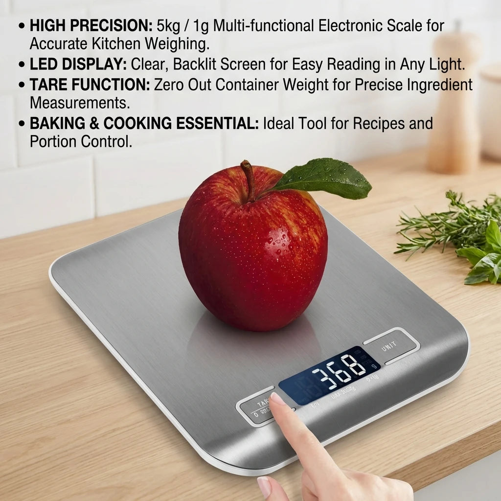 Báscula Digital de Cocina con Pantalla LED, 5 kg/1 g, Acero Inoxidable, Pesaje Electrónico para Alimentos, Joyas, Aperitivos, Repostería, Herramientas para el Hogar