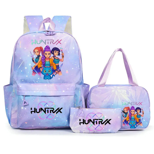 Conjunto de mochila con estampado de KPop Demon Hunters con bolsa para el almuerzo y estuche para lápices, mochila para exteriores de gran capacidad, ligera y transpirable