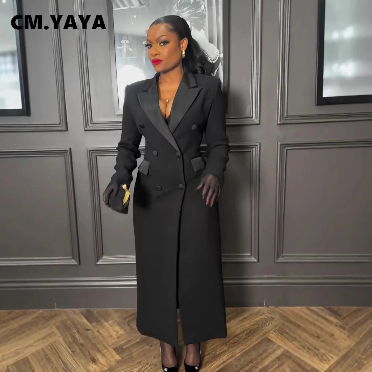 CM.YAYA moda mujer OL trabajo doble botonadura con muescas manga larga Maxi vestido primavera Sexy noche elegante fiesta calle vestidos largos