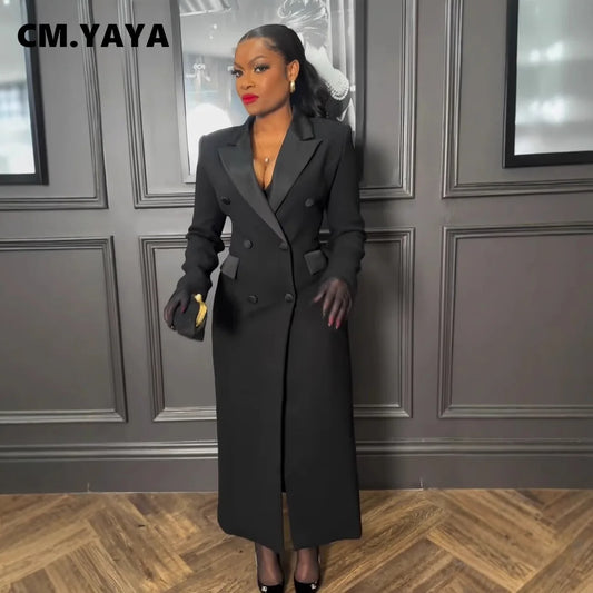 CM.YAYA moda mujer OL trabajo doble botonadura con muescas manga larga Maxi vestido primavera Sexy noche elegante fiesta calle vestidos largos
