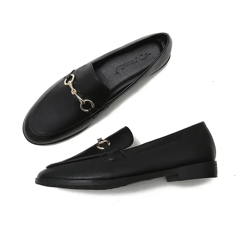 Mocasines de cuero con hebilla de caballo para mujer, zapatos planos de un pie, talla pequeña, nuevo estilo, 2024