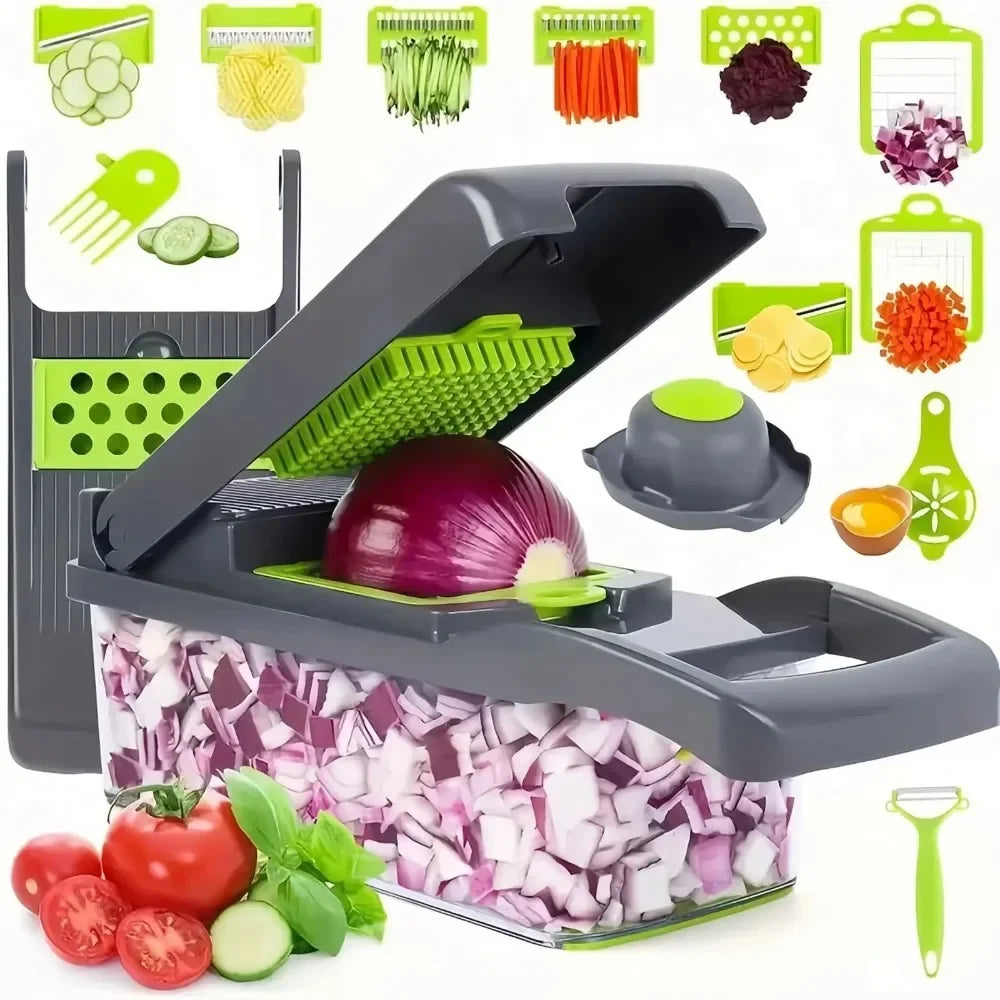 Picador de Verduras Multifuncional con Mango, 14/16 en 1, Rebanador, Cortador en Cubos, Rallador de Alimentos, Gadget de Cocina