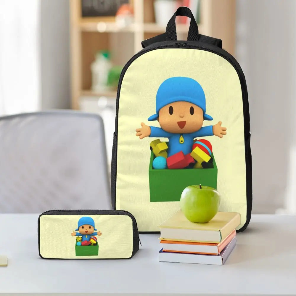 Mochila azul de dibujos animados de Pocoyo para niños, mochila escolar, bolsos de hombro para ordenador, bolsa de almuerzo aislada de 3 piezas, estuche para lápices