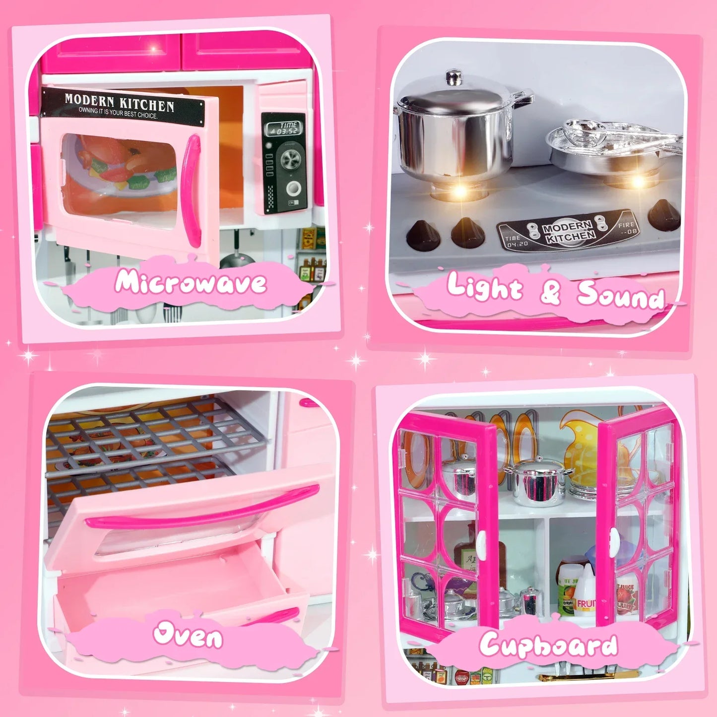 Juego de simulación combinado de cocina rosa, juego de juguetes de 5 piezas con luces y sonidos, para niñas, Navidad/Halloween/ Acción de Gracias/Año Nuevo