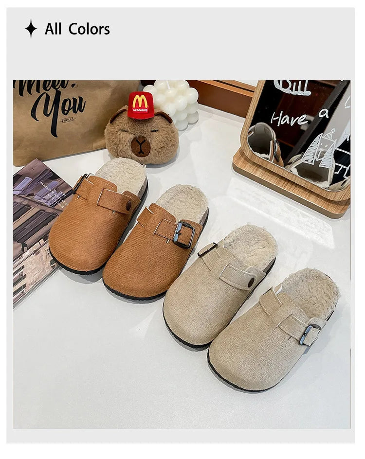 2025 niños niñas invierno cálido felpa corcho cama piel zuecos zapatillas señora peluda casa pisos zapatillas de algodón