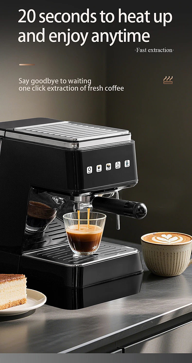 Cafetera Espresso de 20 Bares de Presión, Calentamiento Rápido en 20s, Extracción Automática, Espumador de Leche, Cafetera Barista para el Hogar, Tanque de Agua de 1.5L