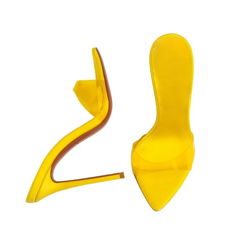 Nuevas sandalias de verano para mujer, multicolor, de PVC, con una sola correa, tacón alto, punta en pico, estilo sexy, fáciles de poner.