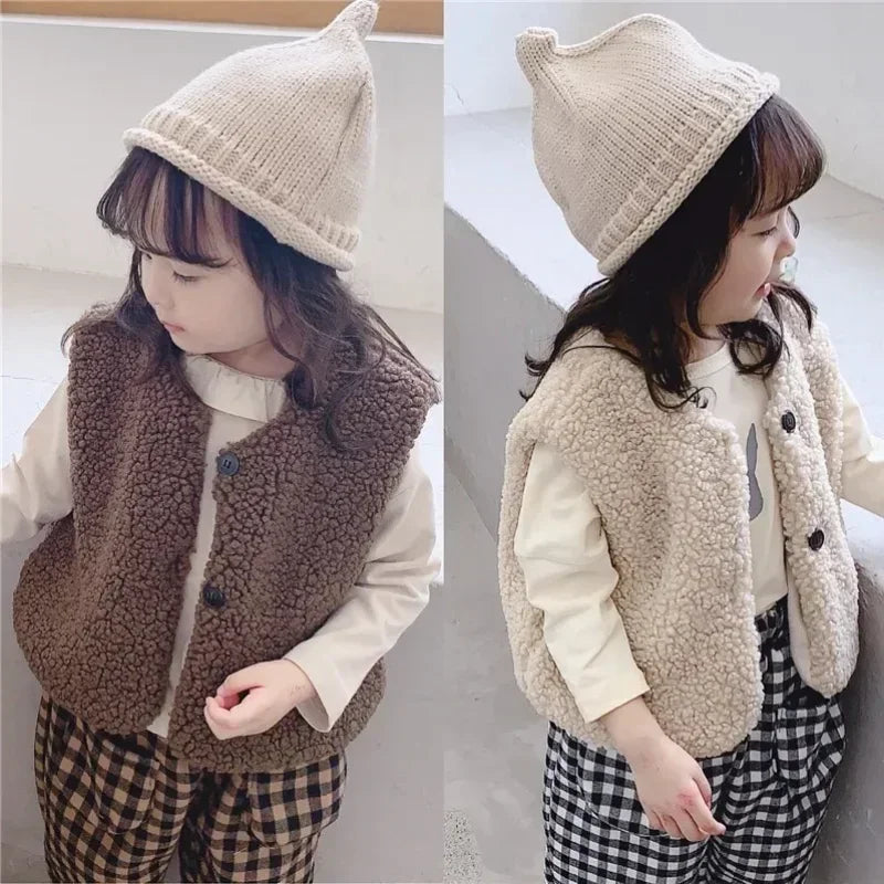 Otoño Invierno bebé lana de cordero más chaleco de terciopelo niñas niños chaleco de felpa de un solo pecho cuello en V niño cálido moda abrigo cálido