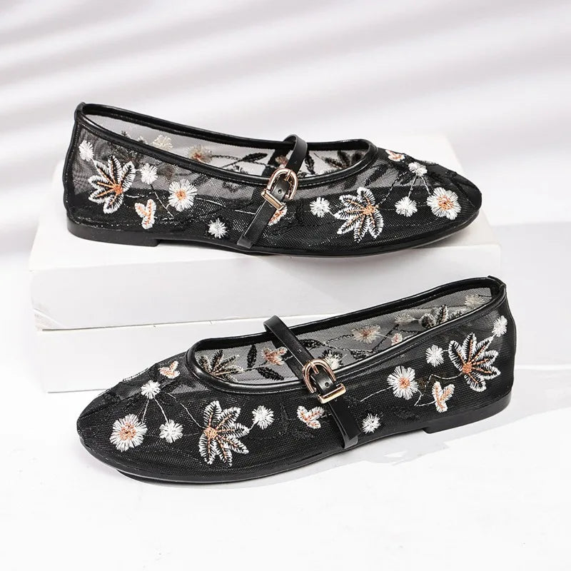 Zapatos Mary Jane de malla con bordado floral de primavera para mujer, zapatos con correa y hebilla concisa, zapatos de suela suave, zapatos planos de ballet transpirables para mujer