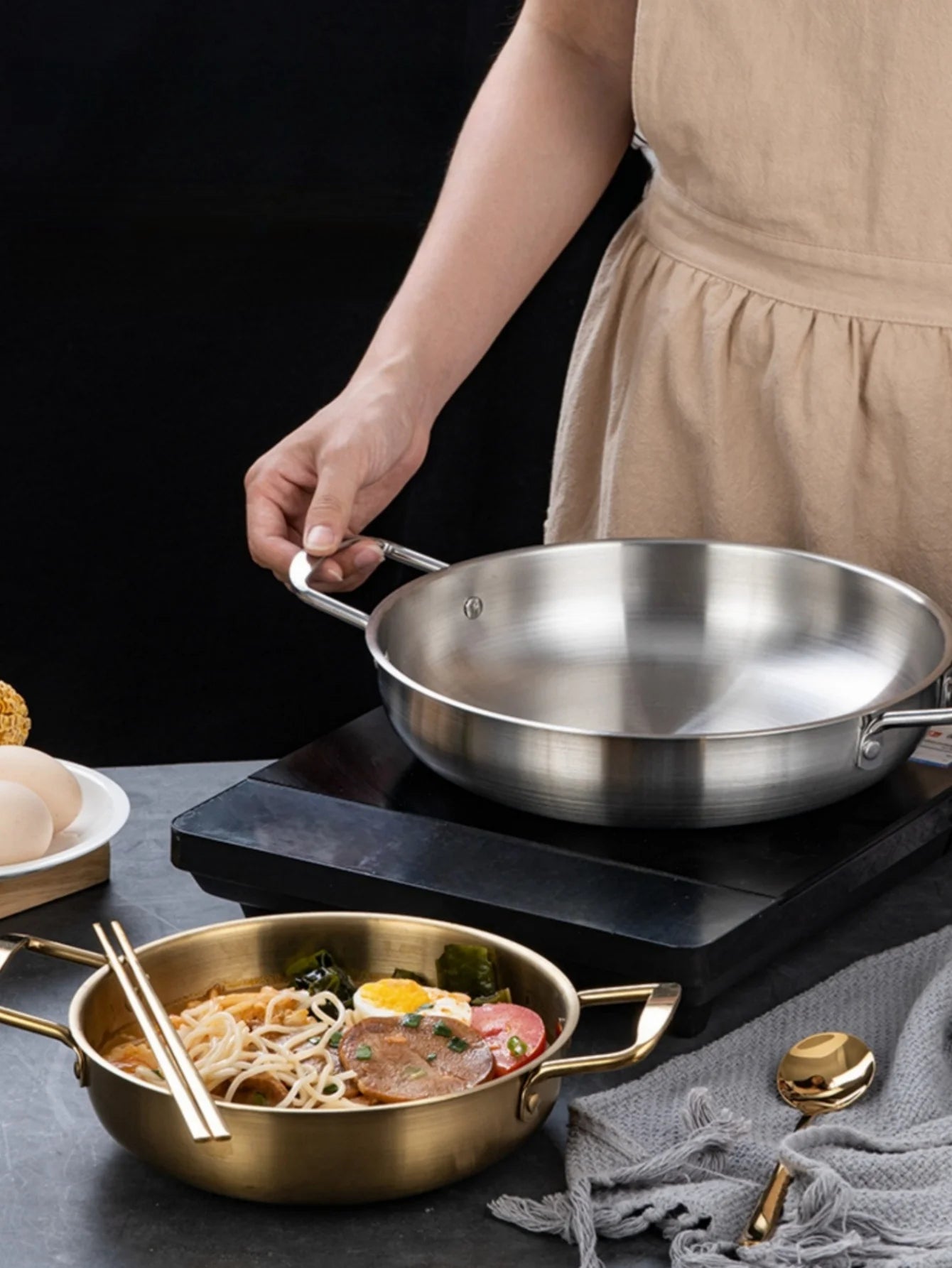 Utensilios de cocina de acero inoxidable, cacerola, ollas secas con mango, cocina casera, cacerola de Paella, olla de arroz para mariscos, platos para aperitivos de Picnic