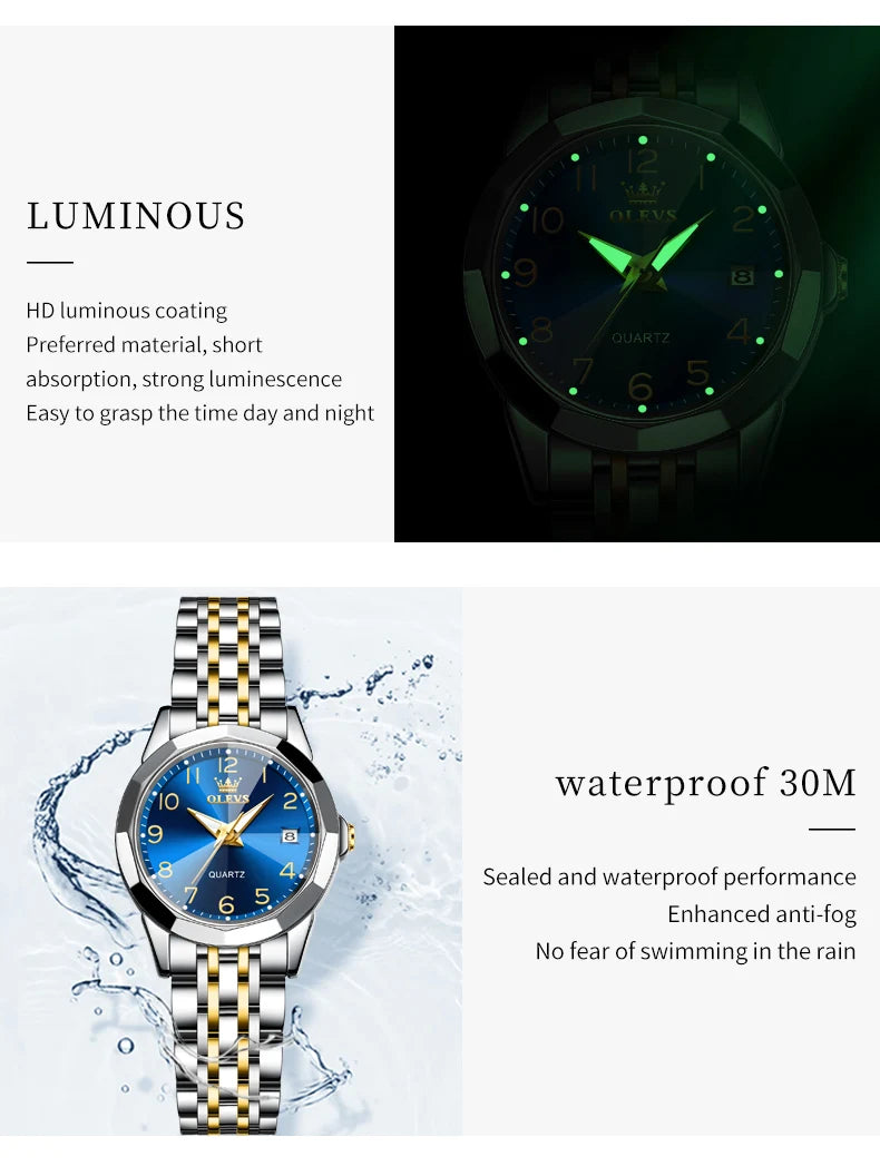 OLEVS 9970 reloj de lujo para parejas, reloj de pulsera con calendario resistente al agua de acero inoxidable para hombres y mujeres, reloj para amantes del espejo con rombos y esfera Digital