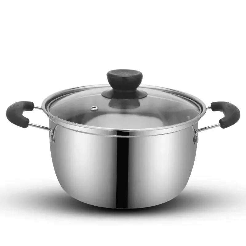 Olla de cocina multifuncional, olla de sopa de acero inoxidable, mango antiescaldado engrosado, olla para cocinar al vapor, tapa de vidrio templado