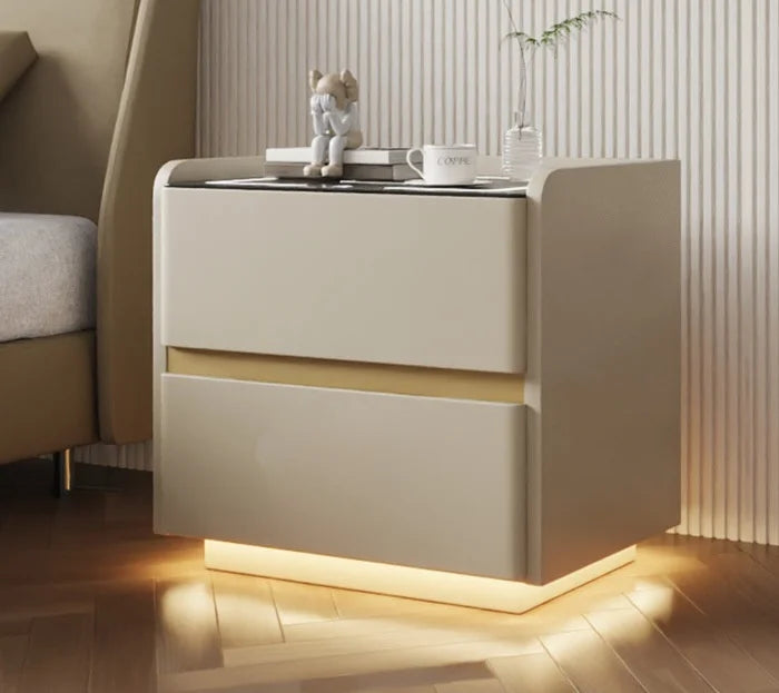 Mesita de noche inteligente de madera maciza con carga inalámbrica, mesita de noche de estilo moderno con 2 cajones y cerradura, armario lateral para el hogar