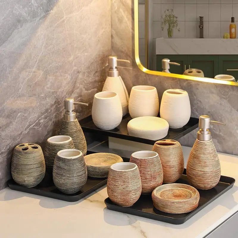 Juego de cerámica para baño, botella dispensadora de champú, jabonera, soportes para cepillos de dientes, taza de enjuague, accesorios de baño