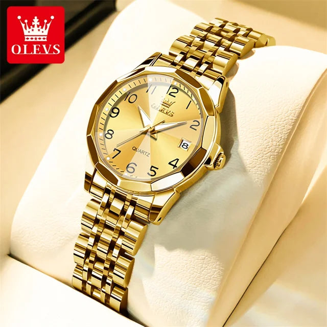 OLEVS 9970 reloj de lujo para parejas, reloj de pulsera con calendario resistente al agua de acero inoxidable para hombres y mujeres, reloj para amantes del espejo con rombos y esfera Digital