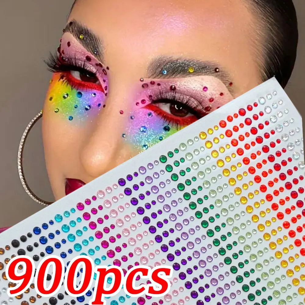 1 hoja 900 Uds. Pegatinas de gemas brillantes de cara de arcoíris, tatuaje Facial adhesivo, joyas de diamantes de imitación para ojos, mezcla de 3/4/5mm, maquillaje para fiesta de boda