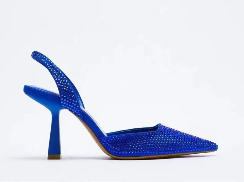 Zapatos de tacón alto 2025, novedad de verano, sandalias de marca para mujer, zapatos de tacón alto con hebilla de cristal a la moda, zapatos dorados elegantes para fiesta para mujer