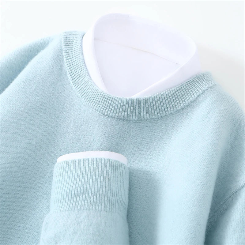 Otoño/Invierno, jersey de cachemira pura de 100% para hombre, suéter de punto liso informal de negocios, Tops sueltos de cuello redondo, jersey grueso y cálido