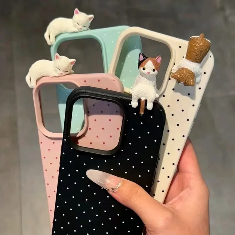 Funda de teléfono coreana con diseño de lunares para iPhone 17 Pro Max 16 15 14 Plus 13 12 11 X XR XS Max 16E 17Air, funda de gato de dibujos animados 3D