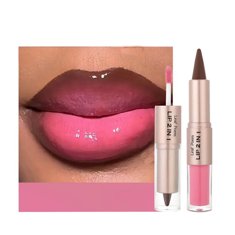 Delineador de Labios 2 en 1 con Diseño de Espejo Mate de Doble Punta, Resistente al Agua, Antiadherente, Color Marrón Nude, Degradado Cónico