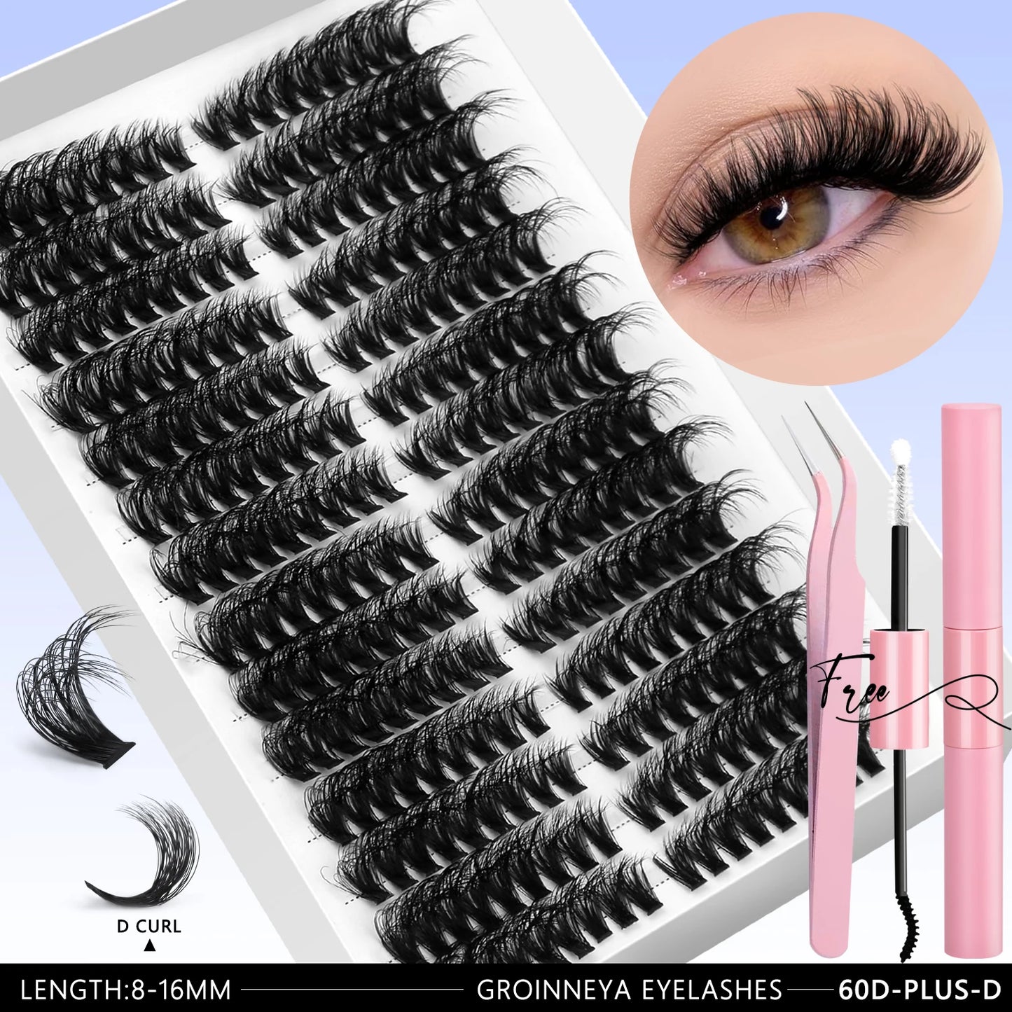 GROINNEYA Clusters de pestañas 540 Uds Kit de extensiones de pestañas de gato Kit de pestañas en racimo con Kit de maquillaje de pestañas Bond & Seal